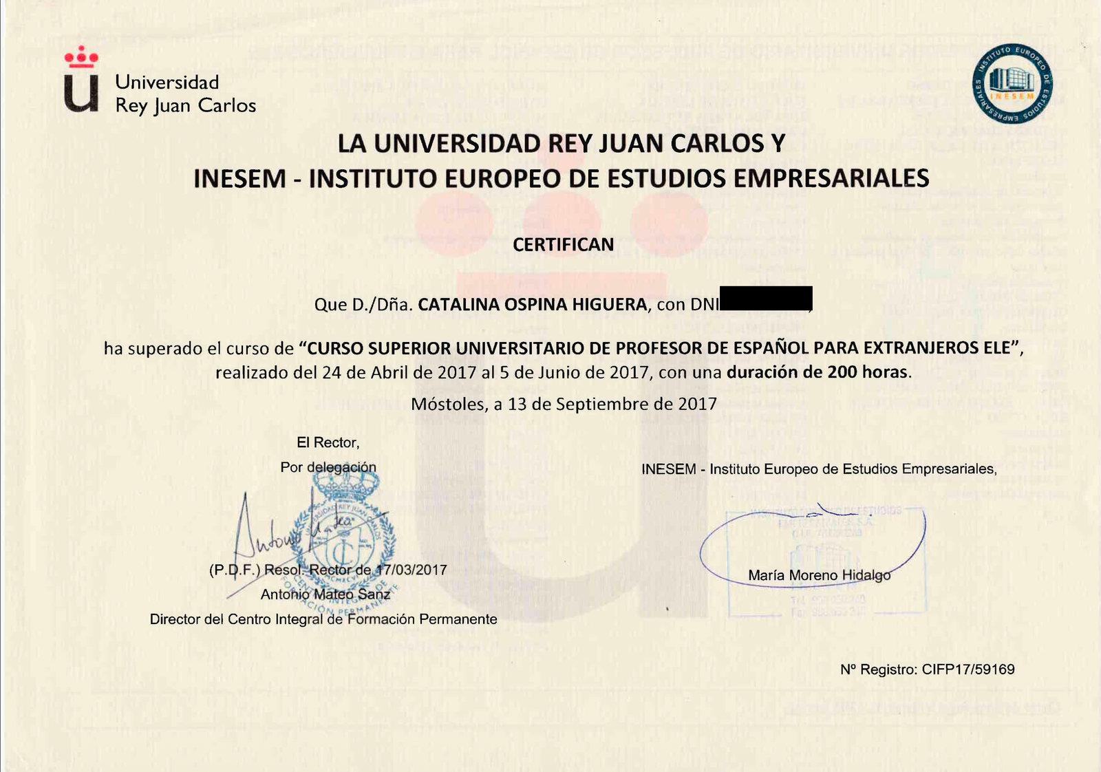 Certificación ELE de la profesora Catalina Ospina Higuera