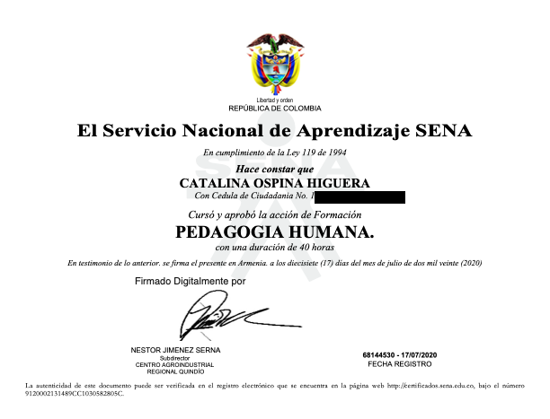 Certificado Human Pedagogy — Catalina Ospina Higuera